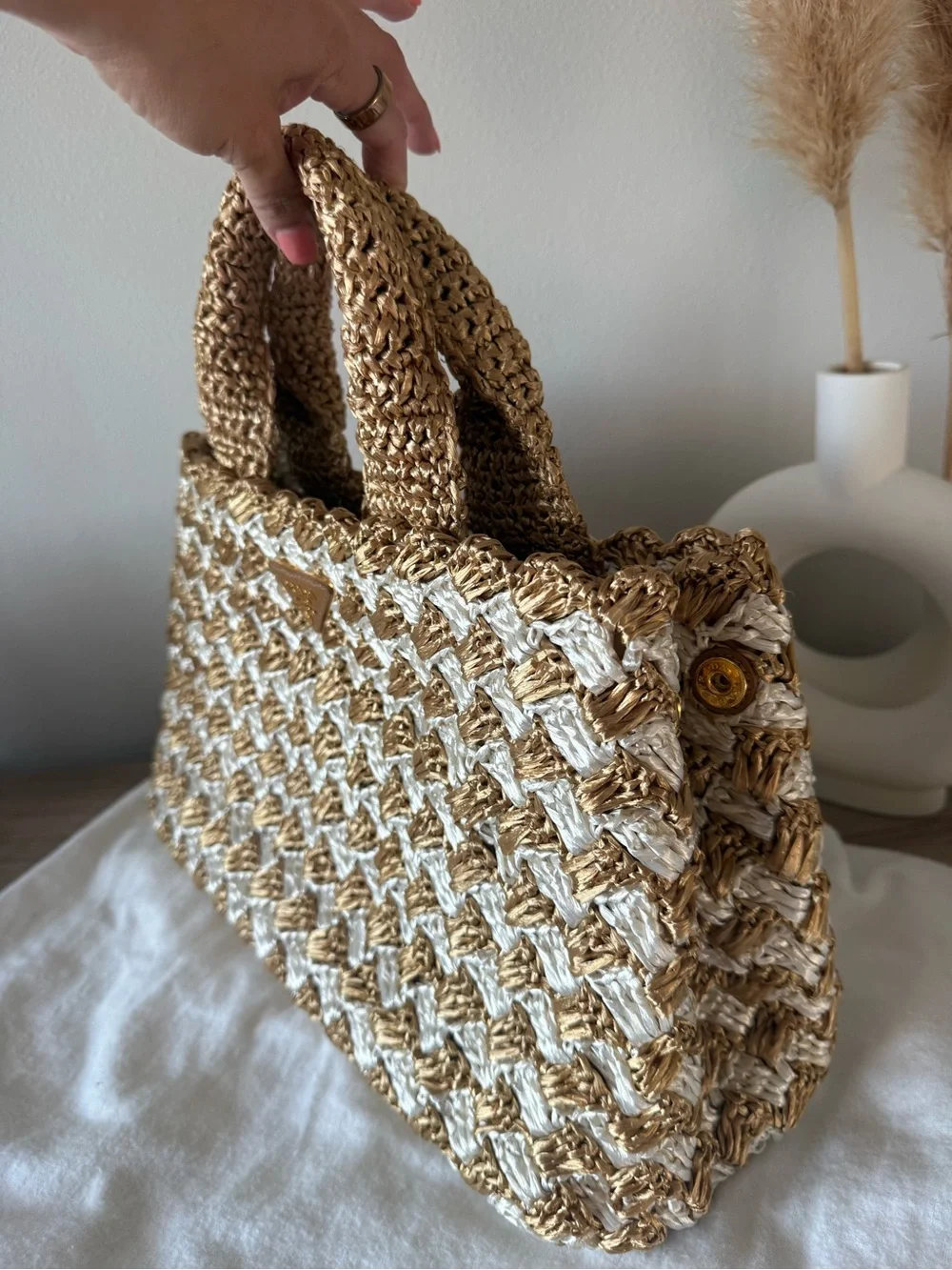Prada Triangle Raffia Canapa Tote -  Gold & White